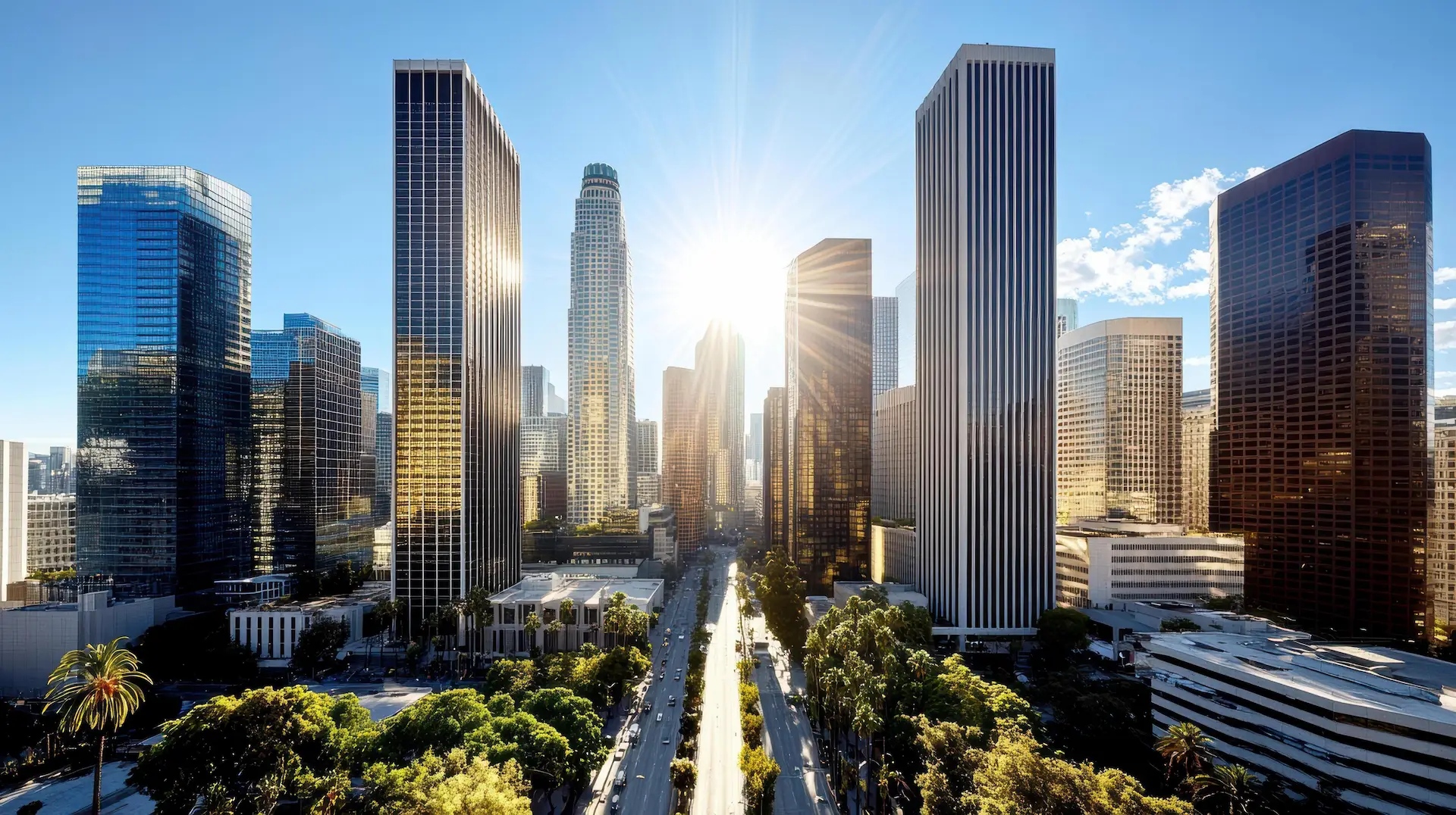 sun shinning through city sky scrappers